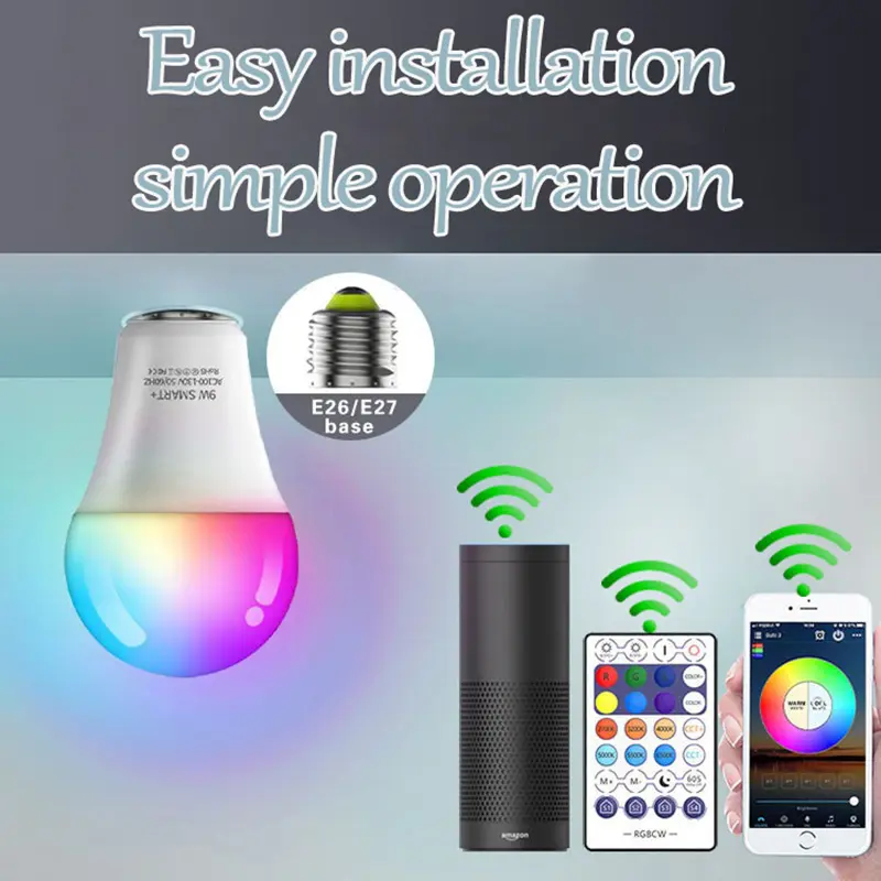 Bombilla inteligente multicolor, compatible con asistentes virtuales, control remoto y aplicaciones móviles.