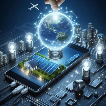 Bombillas inteligentes conectadas a tecnología sostenible, destacando integración de energía solar y control digital avanzado