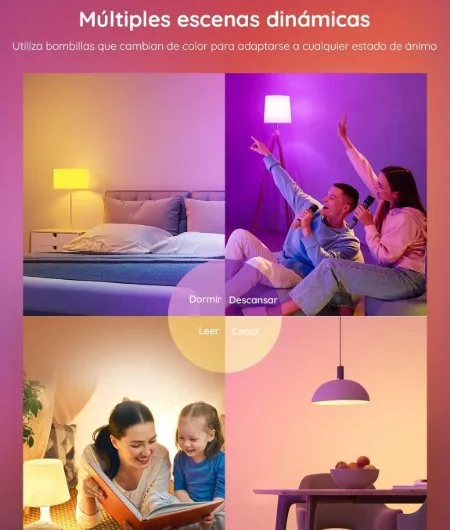 4 ambientes diferentes iluminados con Bombilla inteligente Govee