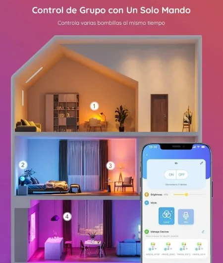 Control mediante smartphone de la bombilla inteligente Govee iluminando en diferentes partes de una casa con diferentes colores en cada una de ellas, naranja, azul y lila