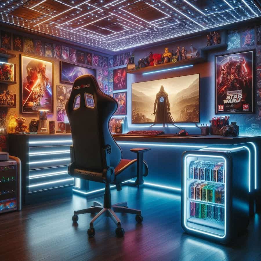 Habitación de un gamer llamativa y decorada con tiras led en el escritorio, pared y techo.