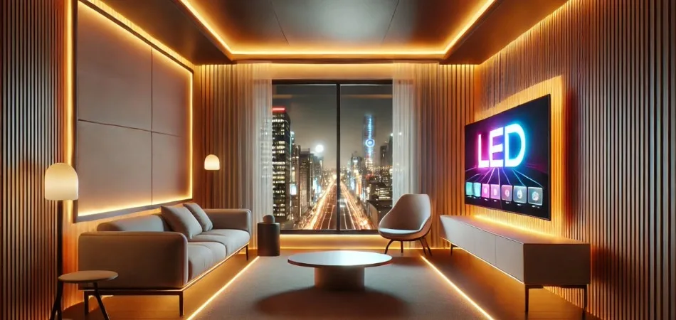 Moderno salón iluminado con iluminación led cálida, destacando diseño elegante, ambiente futurista y detalles urbanos sofisticados.