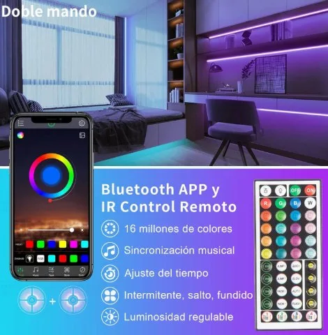Habitación iluminada en tonalidades lilas y debajo la doble opción de control de las tiras Ksipze, control remoto y smartphone