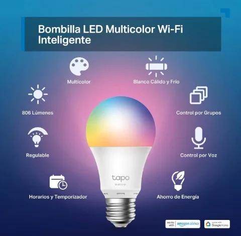 Bombilla Tapo multicolor inteligente y sus características expuestas alrededor de la bombilla en la imagen central