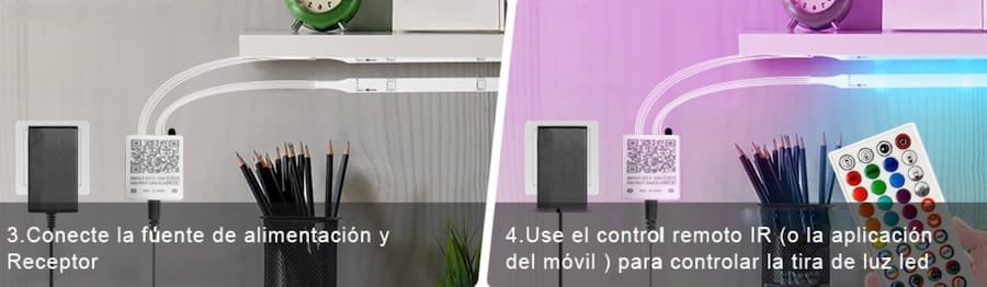 Muestra como instalar luces led conectando a la fuente de alimentacion y usando el control remoto para controlar la tira led