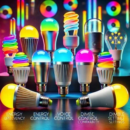 Bombillas inteligentes multicolor, eficiencia energética, control por voz, ajuste de brillo, configuraciones personalizables, diseño moderno y funcional.