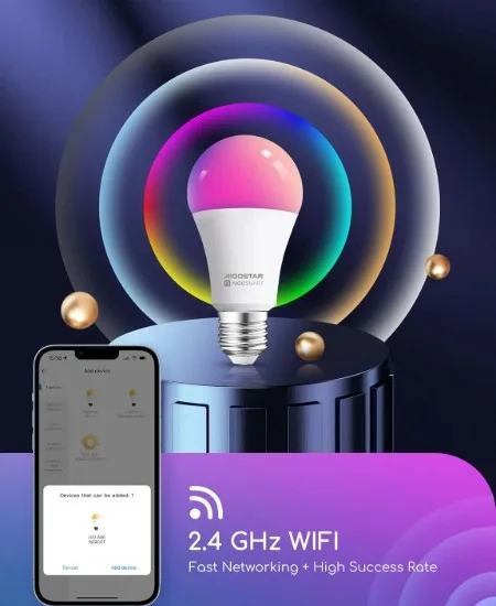 bombilla inteligente Aigostar alumbrando en diferentes colores y controlada por un smartphone