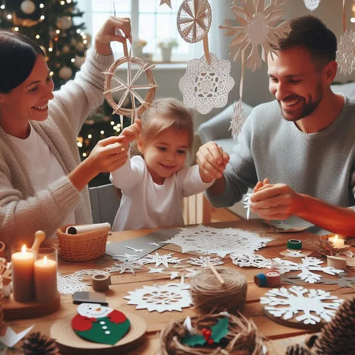 Padres y su hija divirtiéndose y enseñándole como hacer guirnaldas de papel para navidad