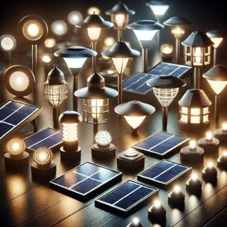 luces solares de diferentes tipos y formas alumbrando con sus paneles de carga correspondientes