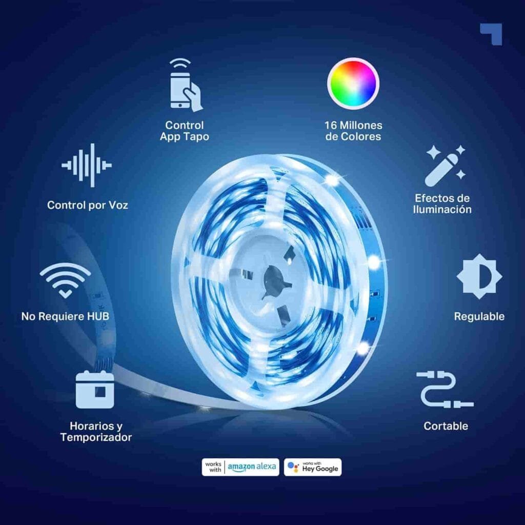 Características principales de la tira led tapo como control de voz y mediante app tapo, 16 millones de colores, efectos de iluminación, regulable, cortable, horarios y temporizador, no requiere Hub