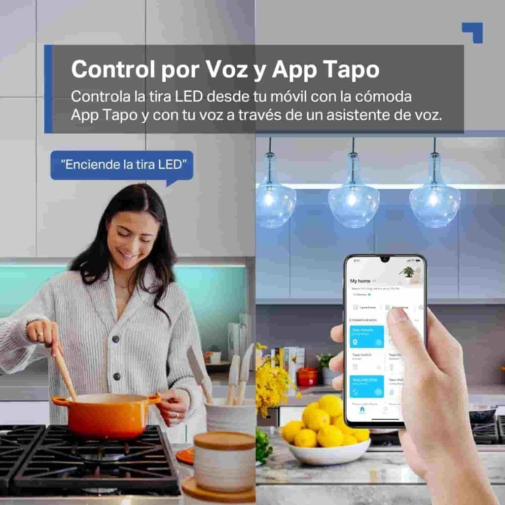 Control de voz o mediante control remoto de la tira led tapo, con un texto que dice "Control de voz y app Tapo, controla la tira Led desde el móvil con la cómoda App Tapo y con tu voz a través de un asistente de voz.