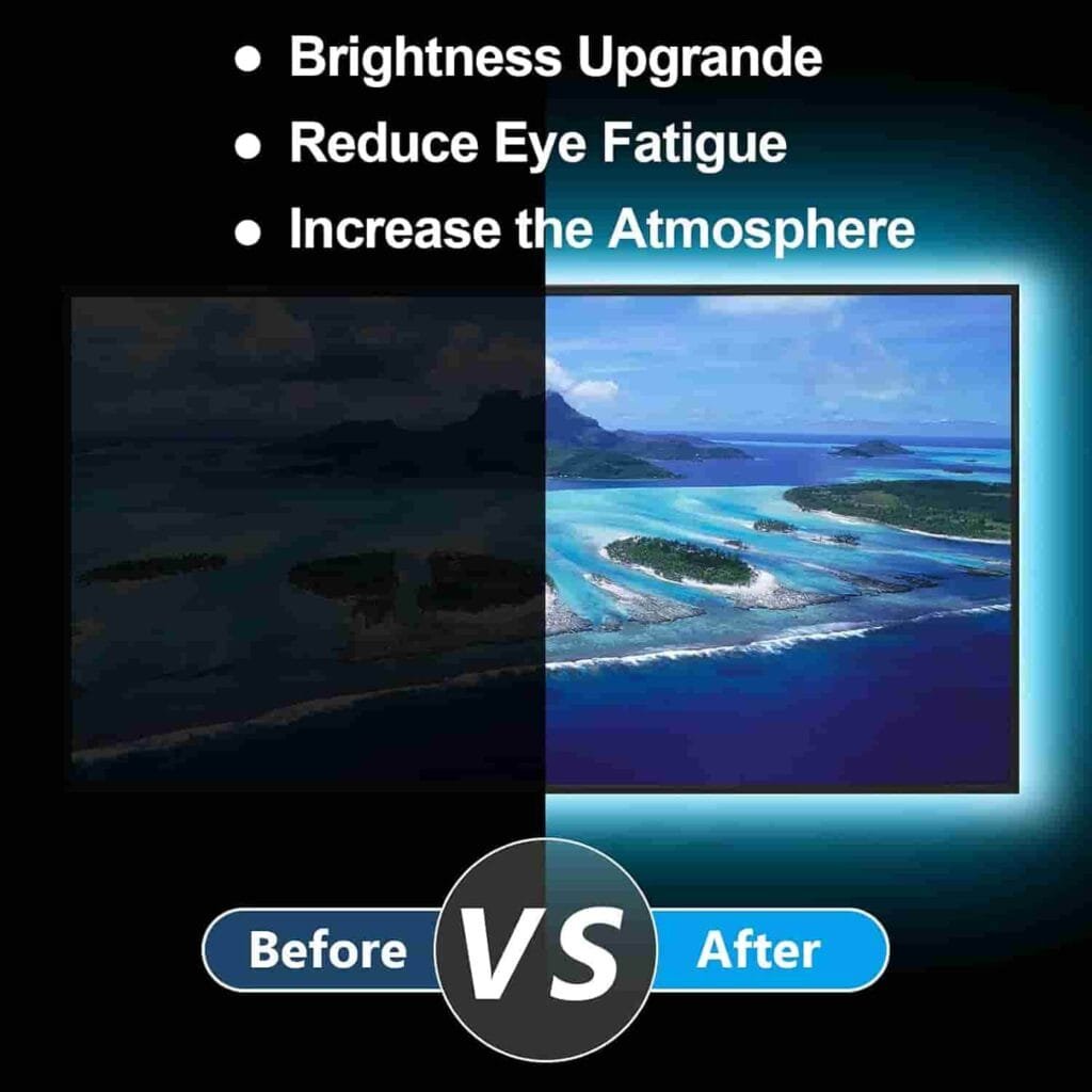 Antes y después de la instalación de la tira led Enteenly en una televisión.