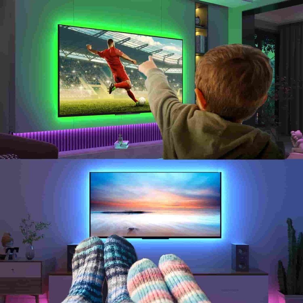 2 Televisiones iluminadas con la tira led Mexllex en color verde y azul