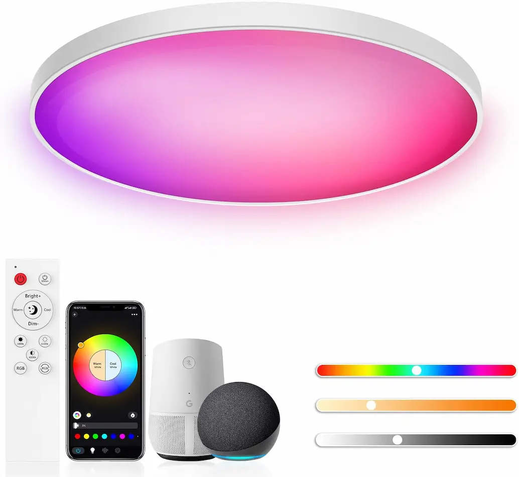 Plafon led de techo Birnetek de color rosa, junto con mando a distancia, smartphone, y alexa junto con la gama de colores aplicable al producto