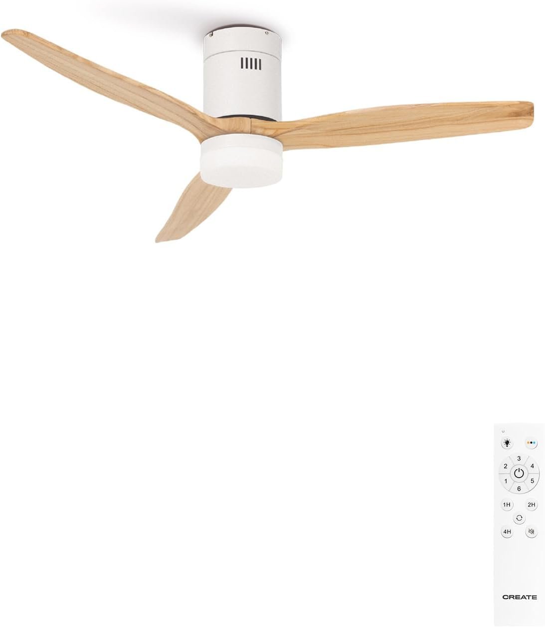 Ventilador de techo Create con aspas de madera y mando de color blanco