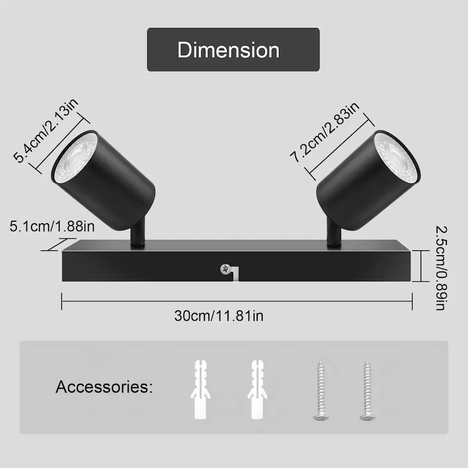 Lámpara de techo Dehobo color negro, 2 focos giratorios de 5,4 cm de diámetro, apoyados en una base rectangular de 30 cm por 5,1 cm
