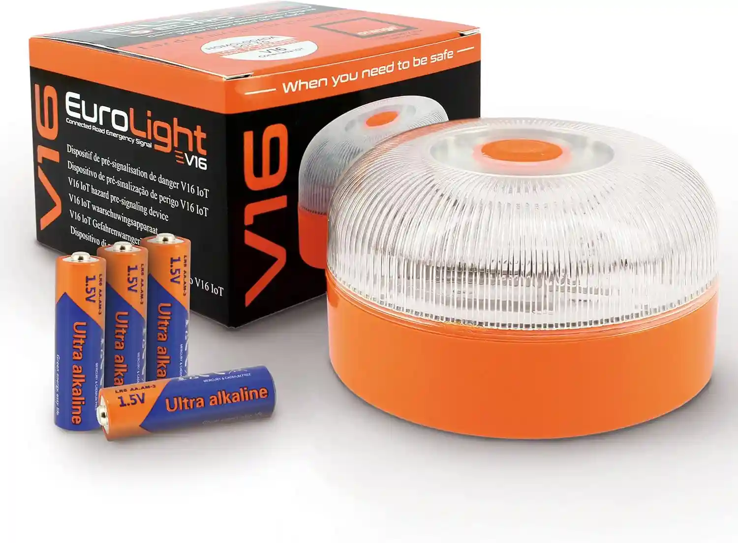 Presentación Luz de emergencia coche de la marca Eurolight de color naranja y blanco, junto con su caja y 4 pilas para su funcionamiento