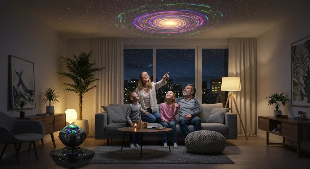 Familia disfrutando su nuevo proyector de estrellas, iluminando el techo de su salón con universo en color lila