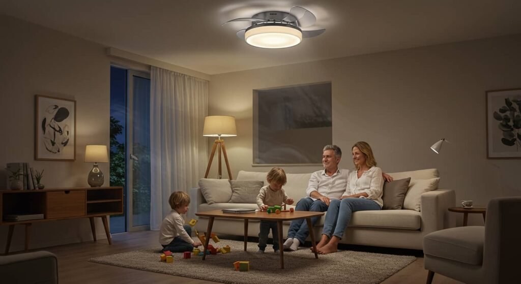 Familia en su salón disfrutando de su nuevo ventilador de techo con luz