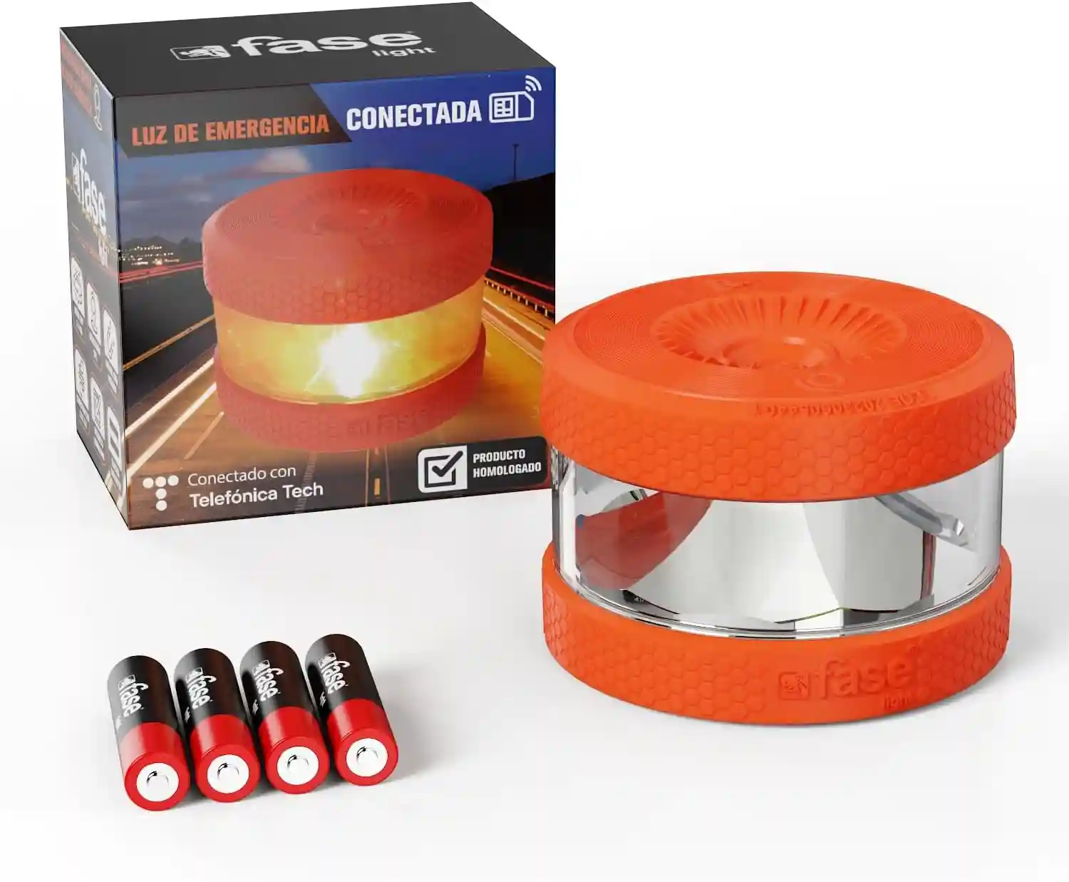 Presentación Luz de emergencia coche de la marca Fase, baliza naranja y blanco, junto con su caja y 4 pilas para su funcionamiento