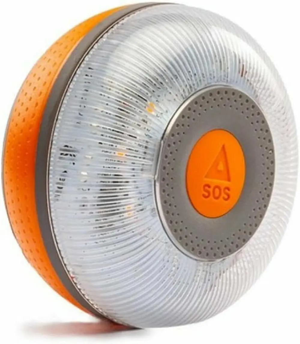 Luz de emergencia coche de la marca Flash Led, baliza en forma de seta de color naranja en su base y blanco plateado en la parte superior