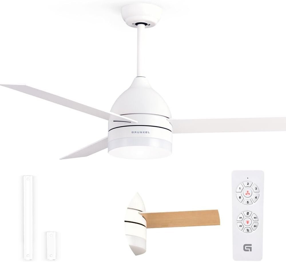 Ventilador de techo Grunkel de color blanco, con mando del mismo color