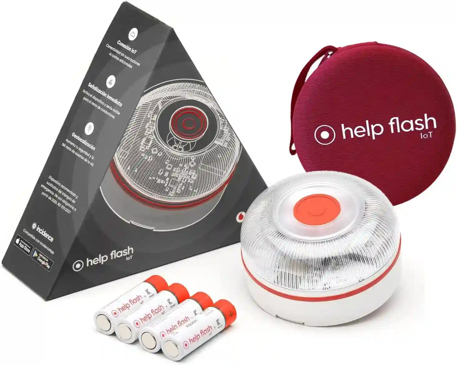 Luz de emergencia coche de la marca Help Flash Iot, baliza blanca, estuche morado, caja triangular de color gris y 4 pilas para su funcionamiento
