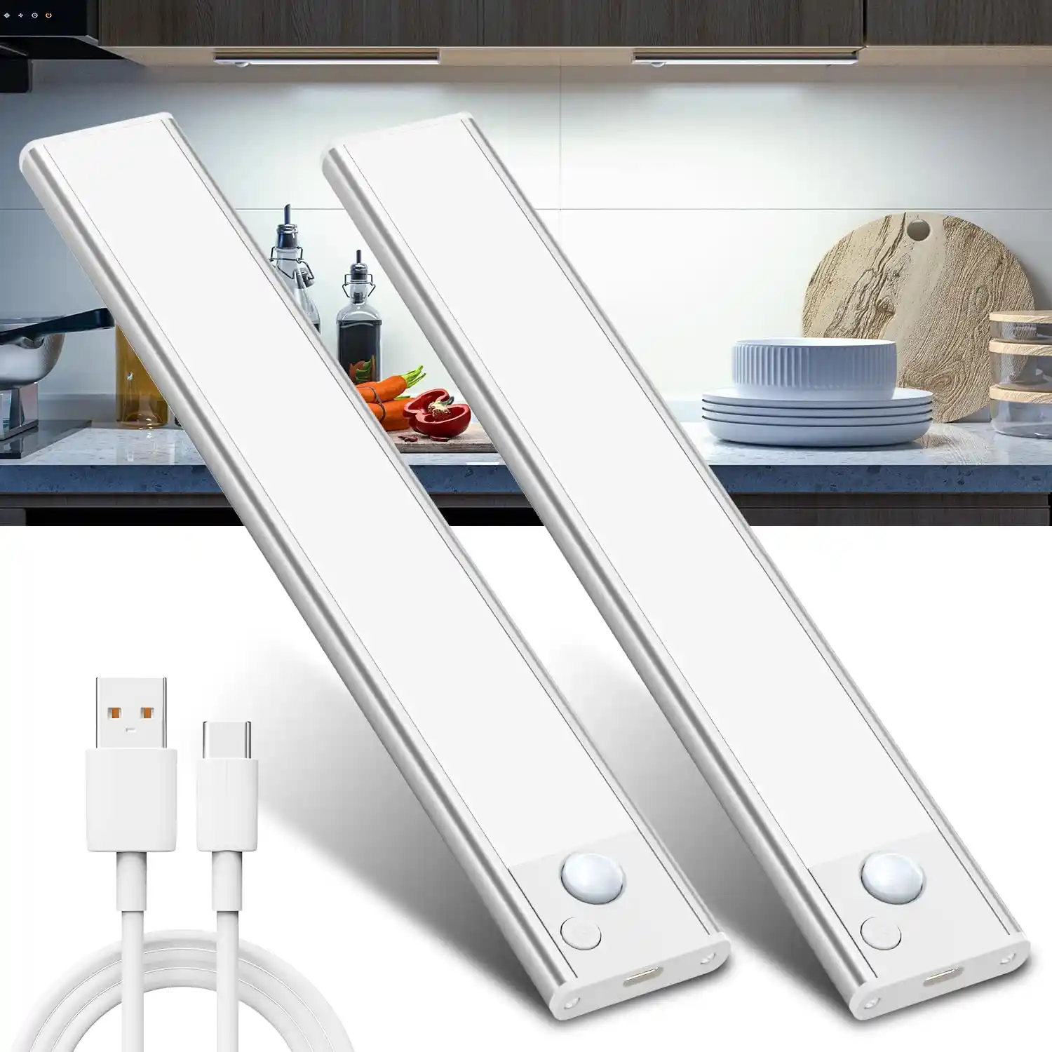 2 luces led armario de la marca Jekemorye de color blanco y el cable usb para recargarse