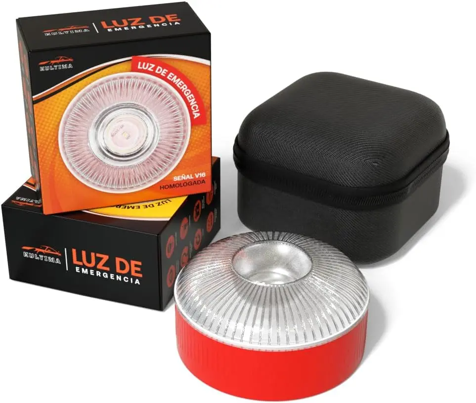 Luz de emergencia de la marca Kultima, baliza con base roja y parte superior blanco transparente, estuche y caja presentación