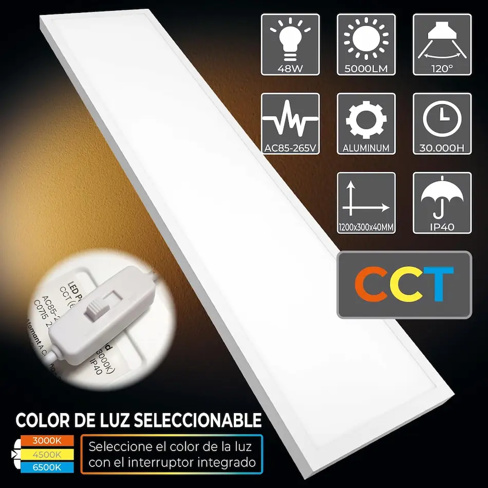 Plafon de techo Led Atomant rectangular plano y blanco junto con sus diferentes características como:  Potencia 48 w, luminosidad 5000 lm, ángulo de 120 grados, 30000 horas de durabilidad, material aluminio, dimensiones y el índice de protección