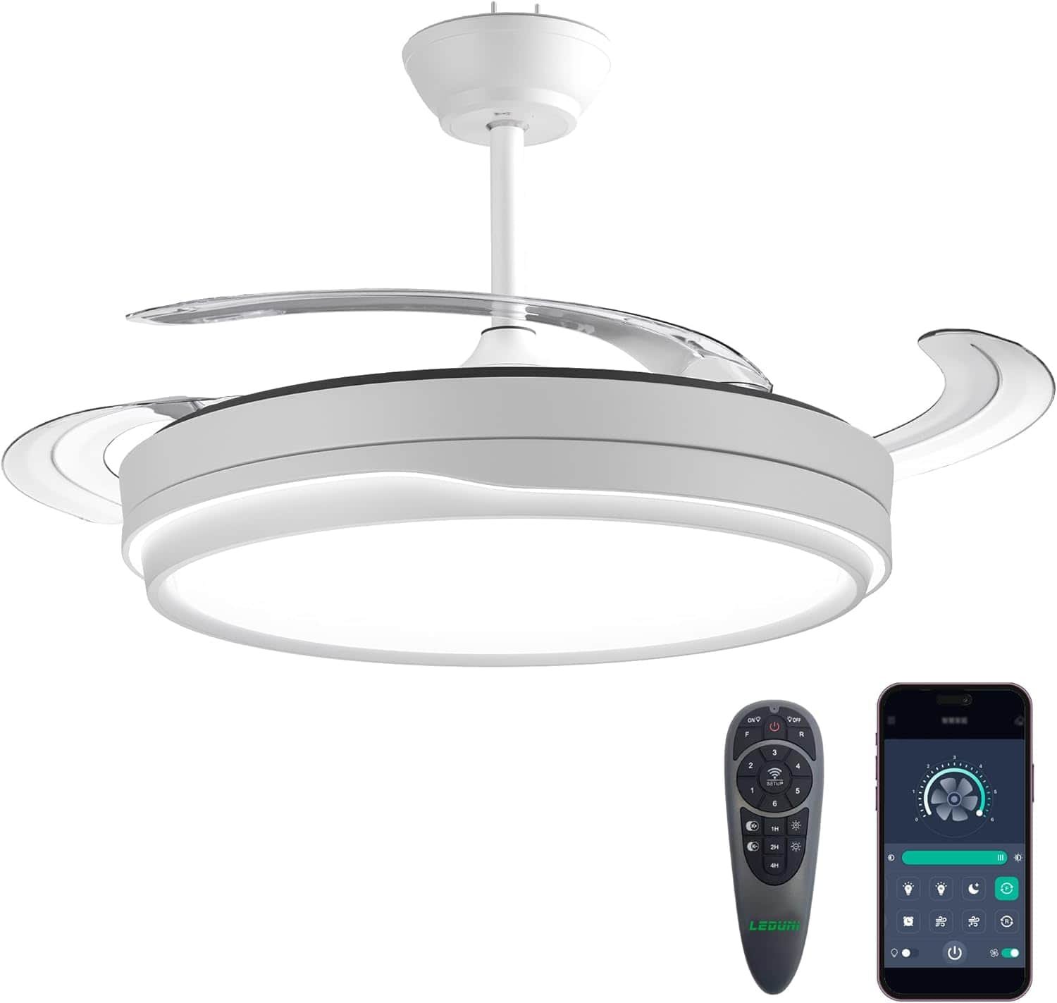Ventilador de techo Leduni de color blanco, con mando negro y opción de control con smartphone (teléfono no incluído)