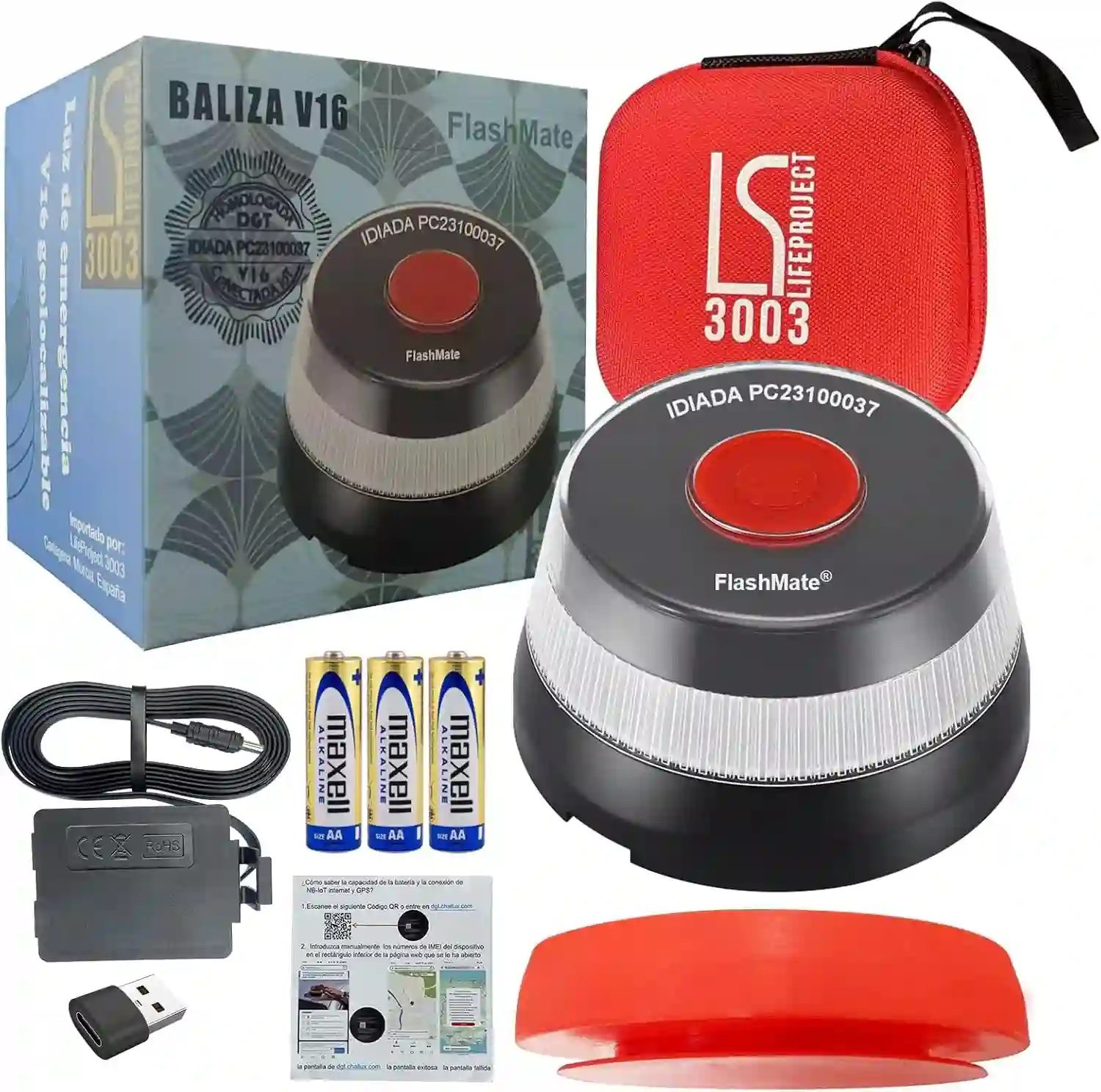 Kit luz de emergencia coche de la marca Life Project 3003, baliza en negro blanco y negro, junto con estuche rojo, caja, base magnética, cable Usb y 3 pilas para su funcionamiento