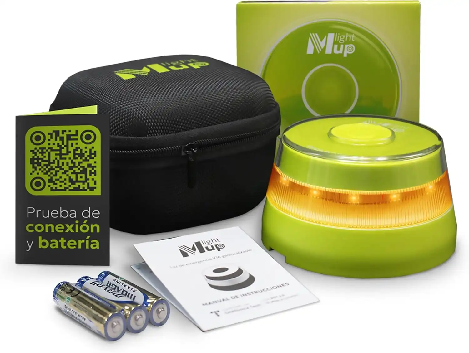 Presentación luz de emergencia coche de la marca Lightmup Lite, baliza y caja de color verde manzana, estuche y libro de instrucciones con detalles en el mismo color mas 3 pilas para su funcionamiento