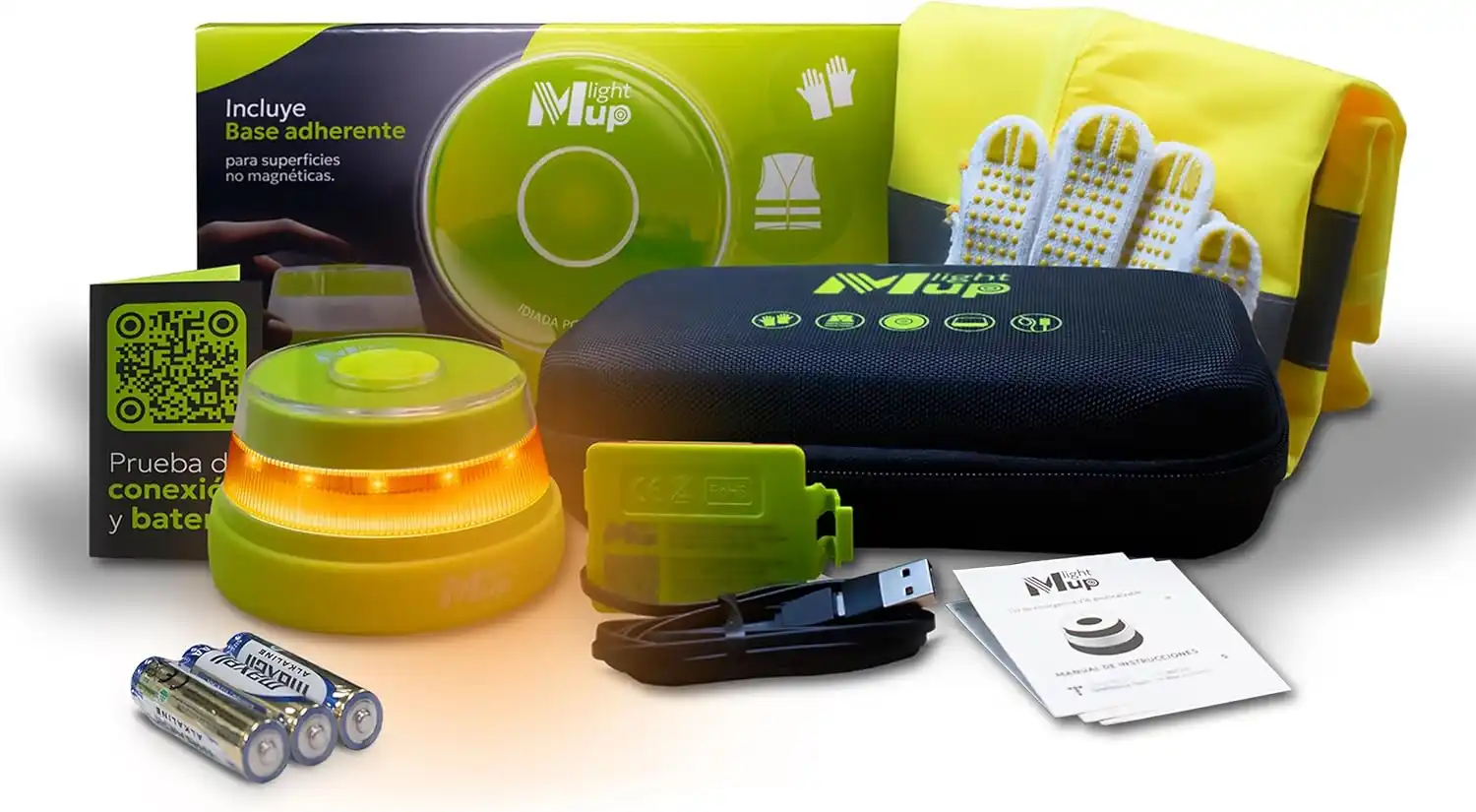 Kit luz de emergencia coche de la marca Lightmup Plus color verde manzana, incluye cable sustituto de las pilas y base para superficies no magnéticas, El modelo incluye, además de las 3 pilas AA y la funda con cremallera, y una base adherente para superficies no magnéticas. Además, el kit lleva un par de guantes y un chaleco de emergencia