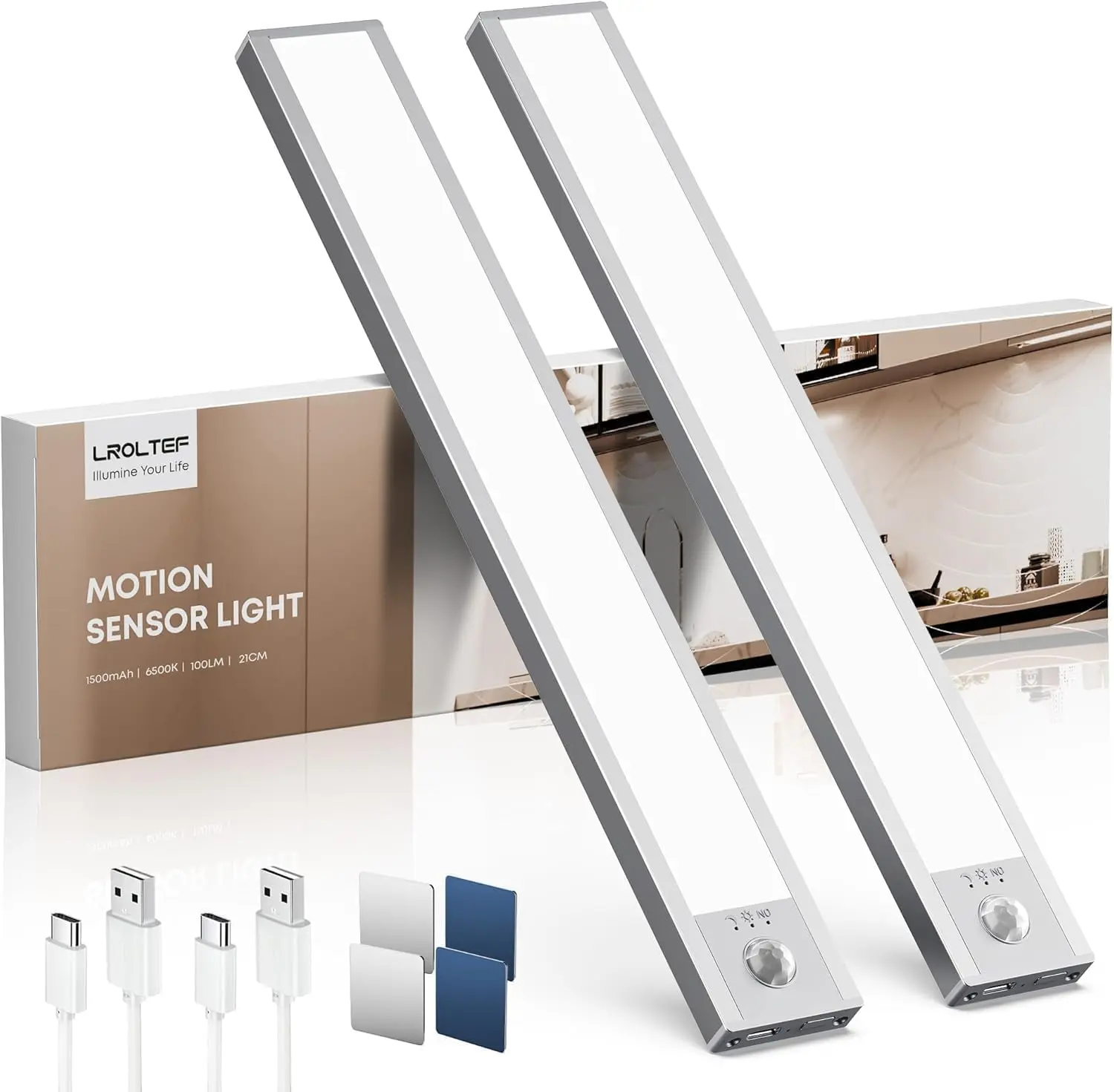 2 luces led armario blancos de la marca Lroltef y cable usb para su recarga