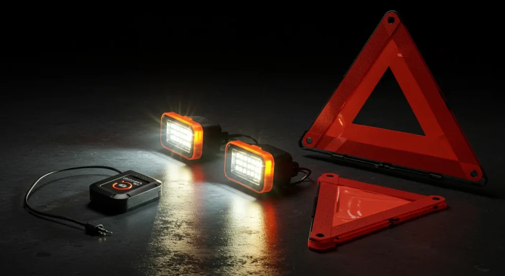 2 Luces de emergencia encendidas junto a un triángulo de señalización
