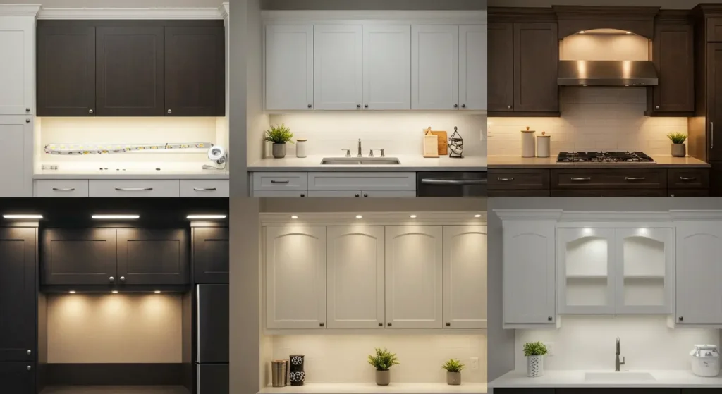 Las mejores luces led para armarios sin cable iluminando los armarios de 6 cocinas diferentes