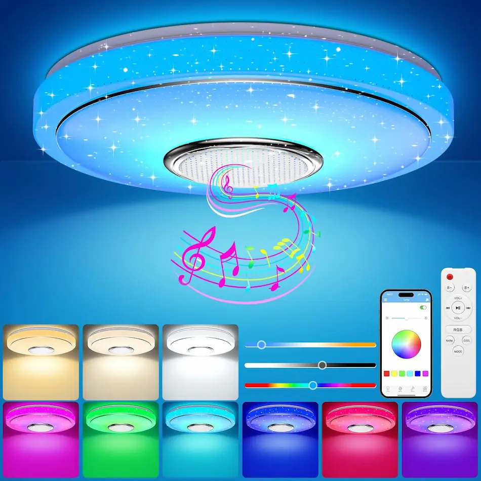 Plafon led techo Ogvdoe iluminando en color azul, junto con las diferentes opciones de color, blanco cálido, frío y neutro, lila, verde, celeste, azul, rojo y turquesa, además mando a distancia y control mediante smartphone (no incluido)
