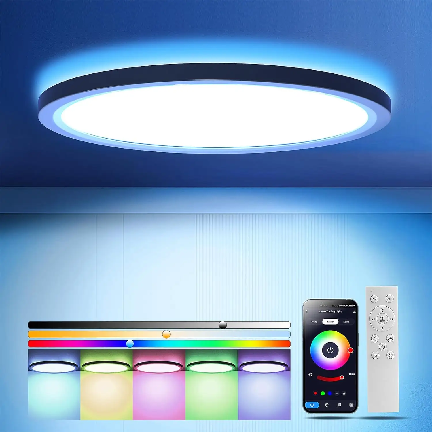 Lámpara de techo Otren encendida en blanco y azul, con diferentes opciones de color y control mediante control remoto y smartphone (No incluido)