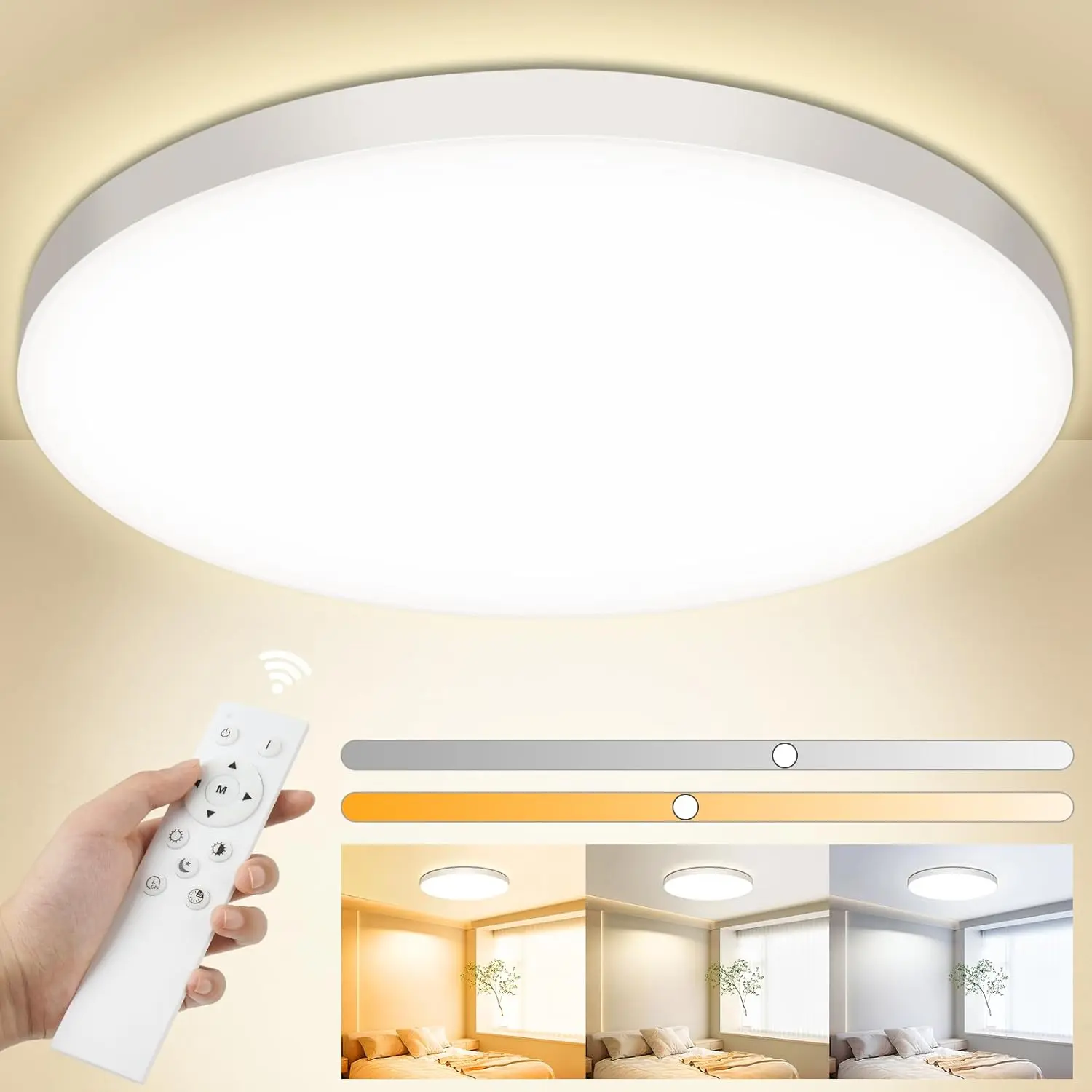 Lámpara de techo Ouila encendida en blanco frío, junto con su mando y una pequeña imagen de las 3 opciones de luz, frío, cálido y neutro