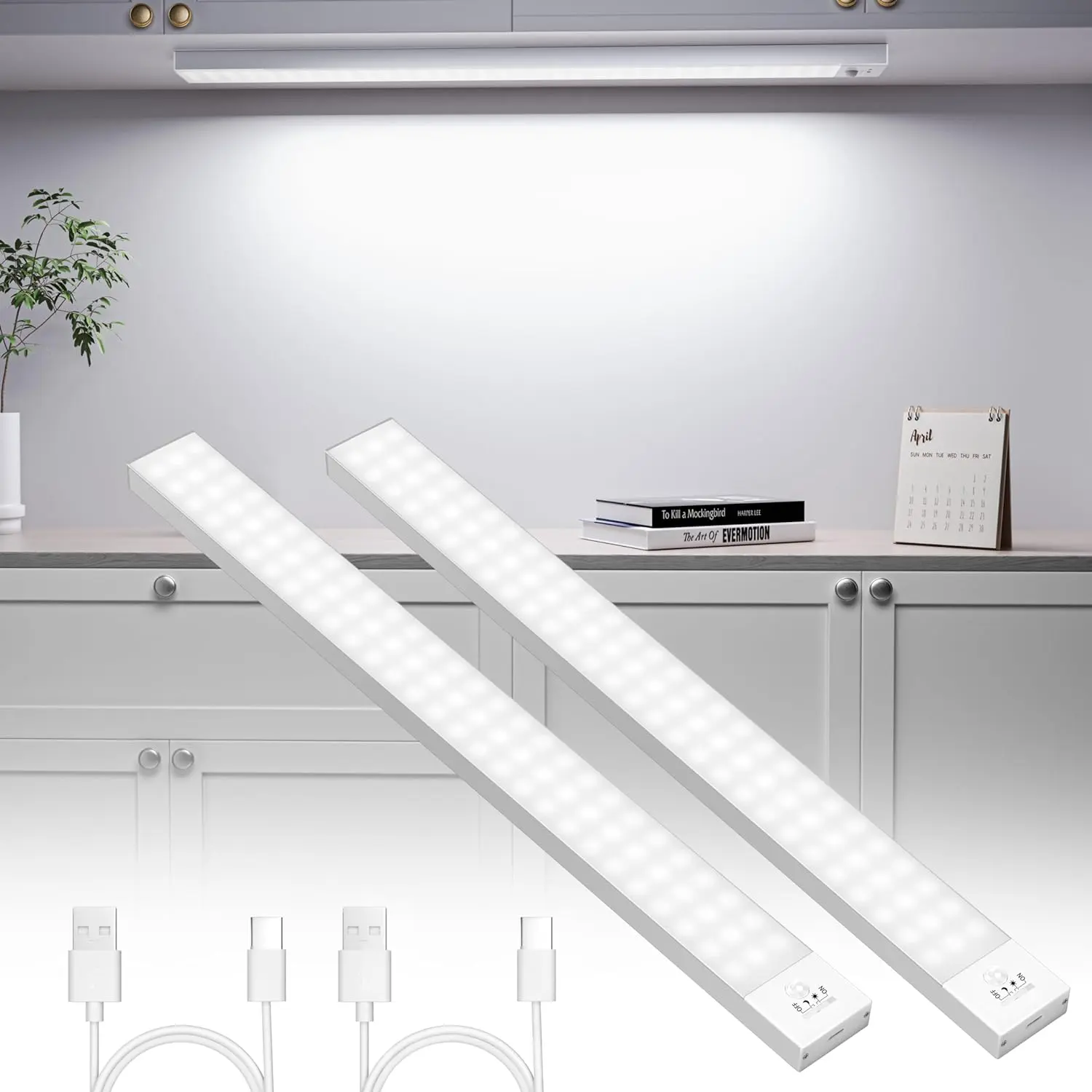 2 luces led armario blancos de la marca Ouila, con sus cables usb recargables