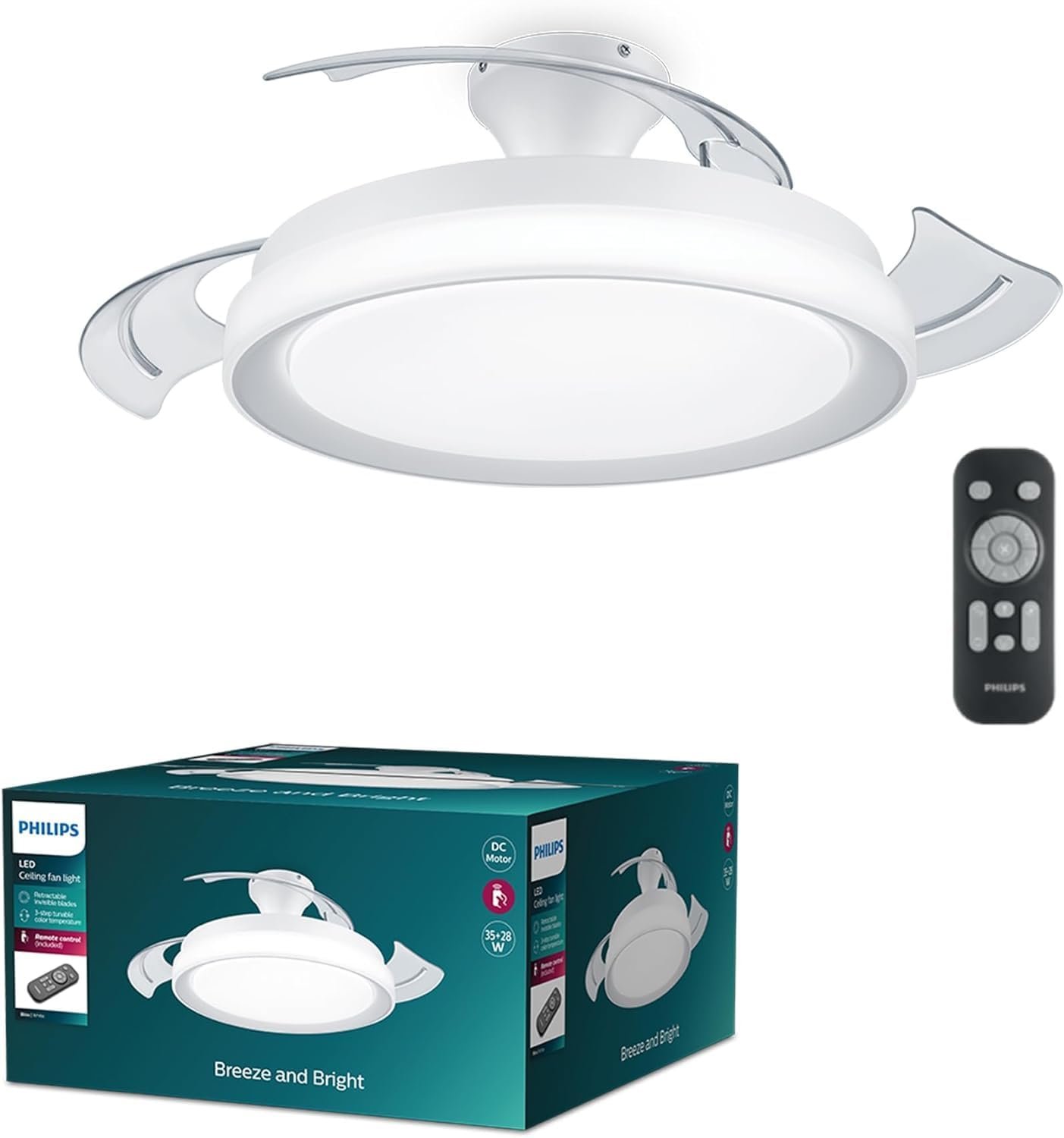 Ventilador de techo Philips de color blanco, con mando negro y caja presentación