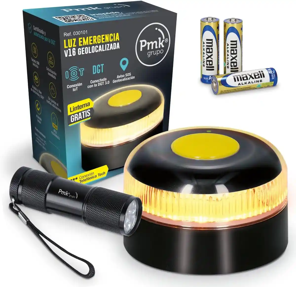 Luz de emergencia coche de la marca Pmk Grupo, baliza negra, y amarilla, junto con su caja presentación, pequeña linterna y 3 pilas para su funcionamiento