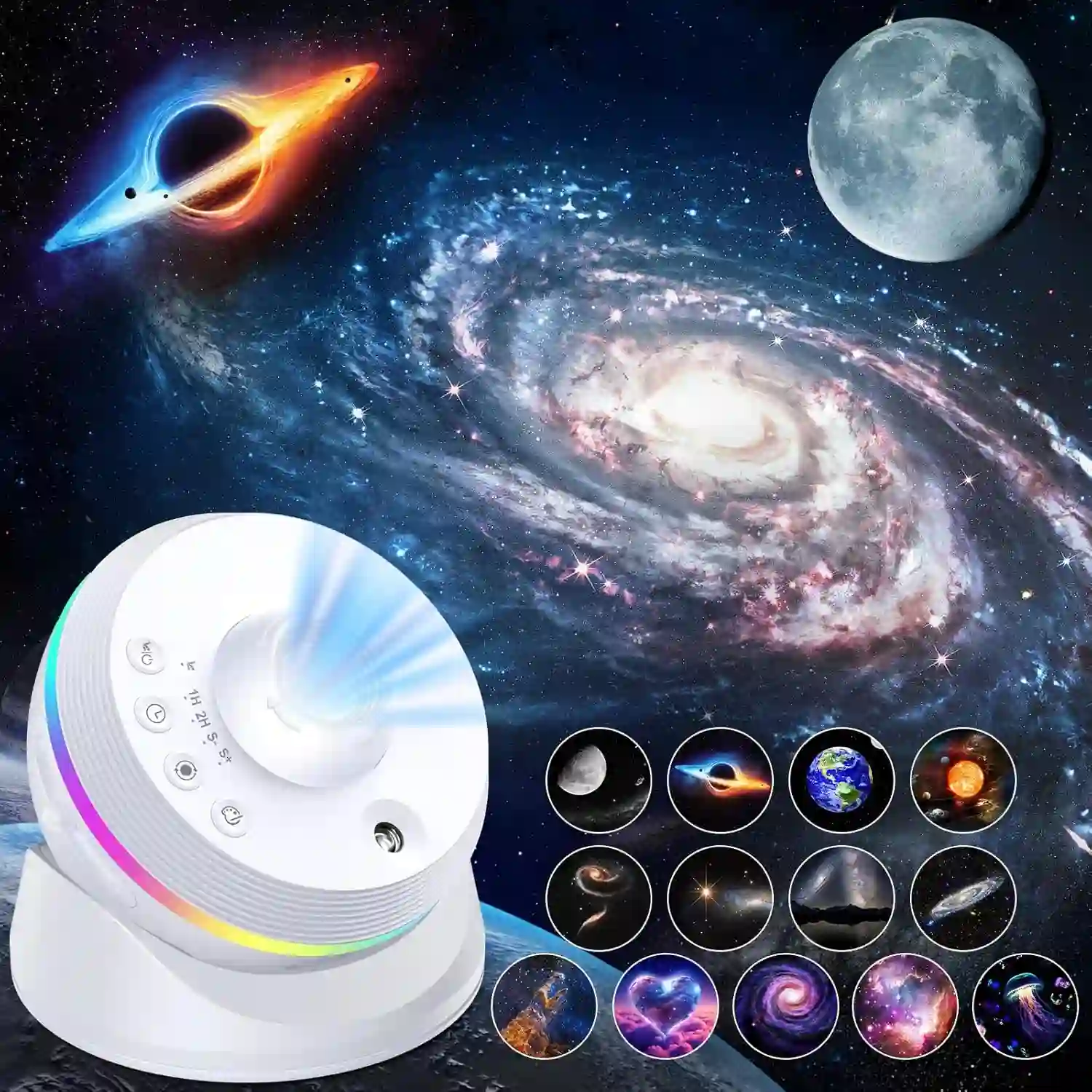 Proyector de estrellas y galaxias color blanco de la marca Astarama, con galaxia y varios planetas de fondo.