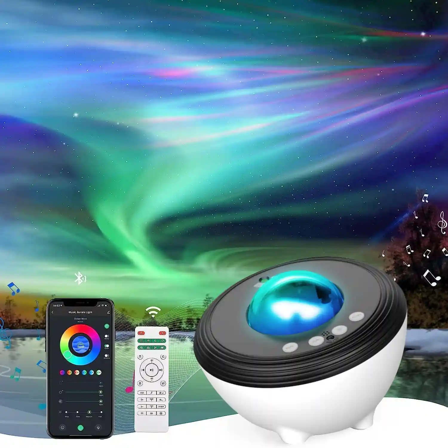 Proyector de estrellas en color base blanca y marco negro de la marca Febotak, junto con mando a distancia blanco, y smartphone (no incluido), imagen con auroras boreales de fondo