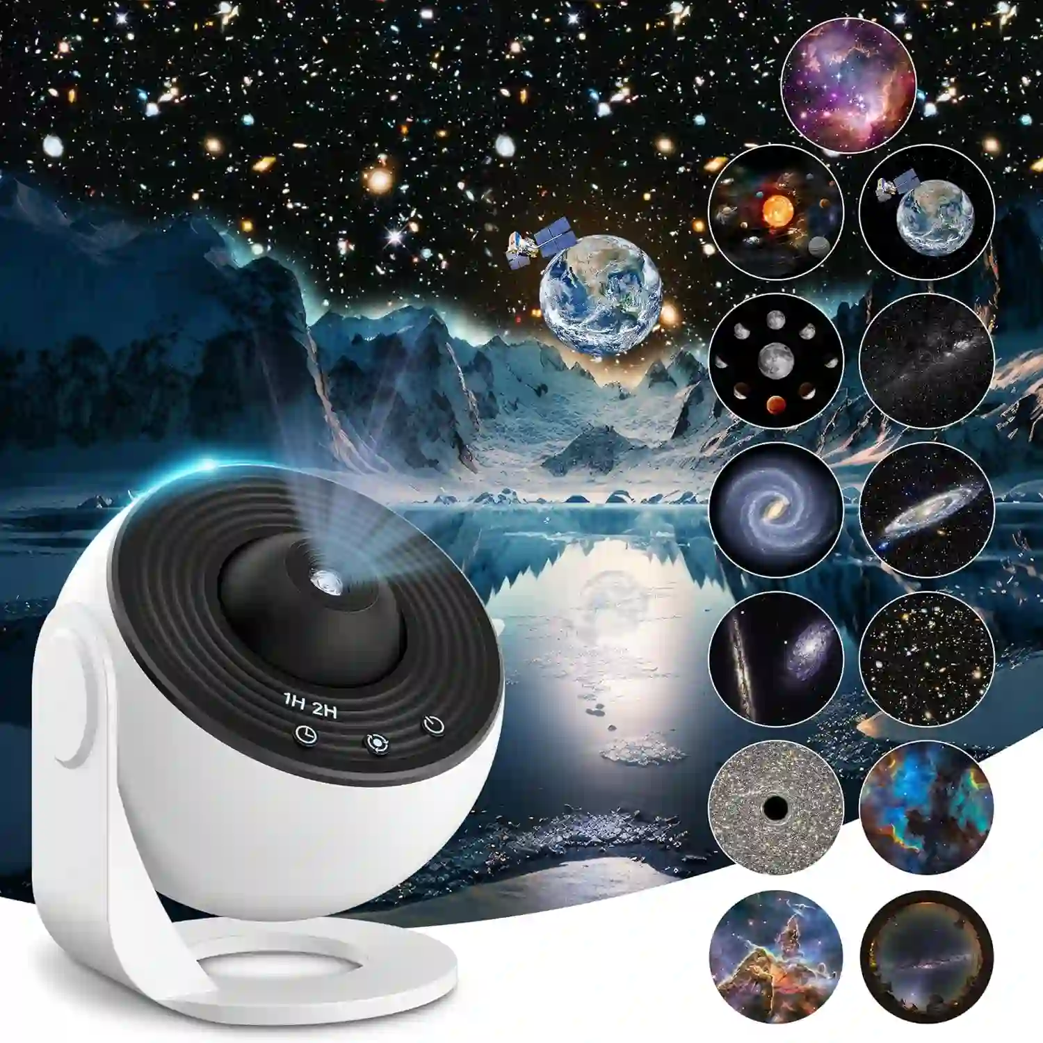 Proyector de estrellas blanco de la marca Mexllex con universo y planetas de fondo