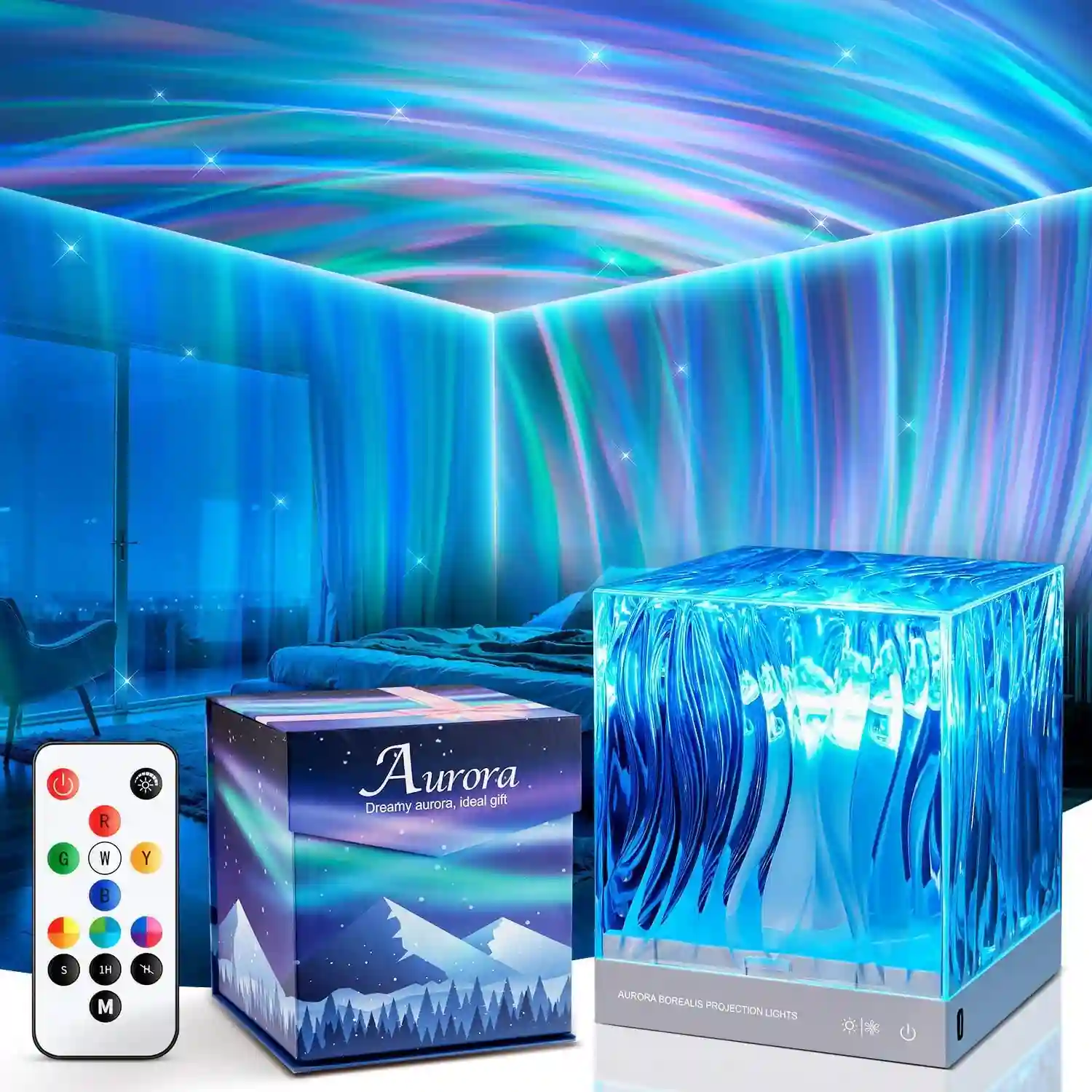 Proyector de estrellas Pikoy en forma de cubo de cristal azul, junto con su caja presentación y mando a distancia, iluminando un salón en diferentes tonalidades azules