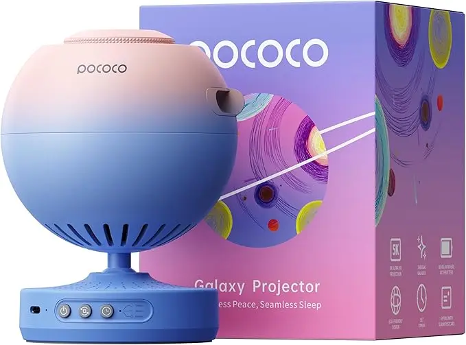 Presentación proyector de estrellas Pococo y su caja en colores lilas en diferentes tonalidades