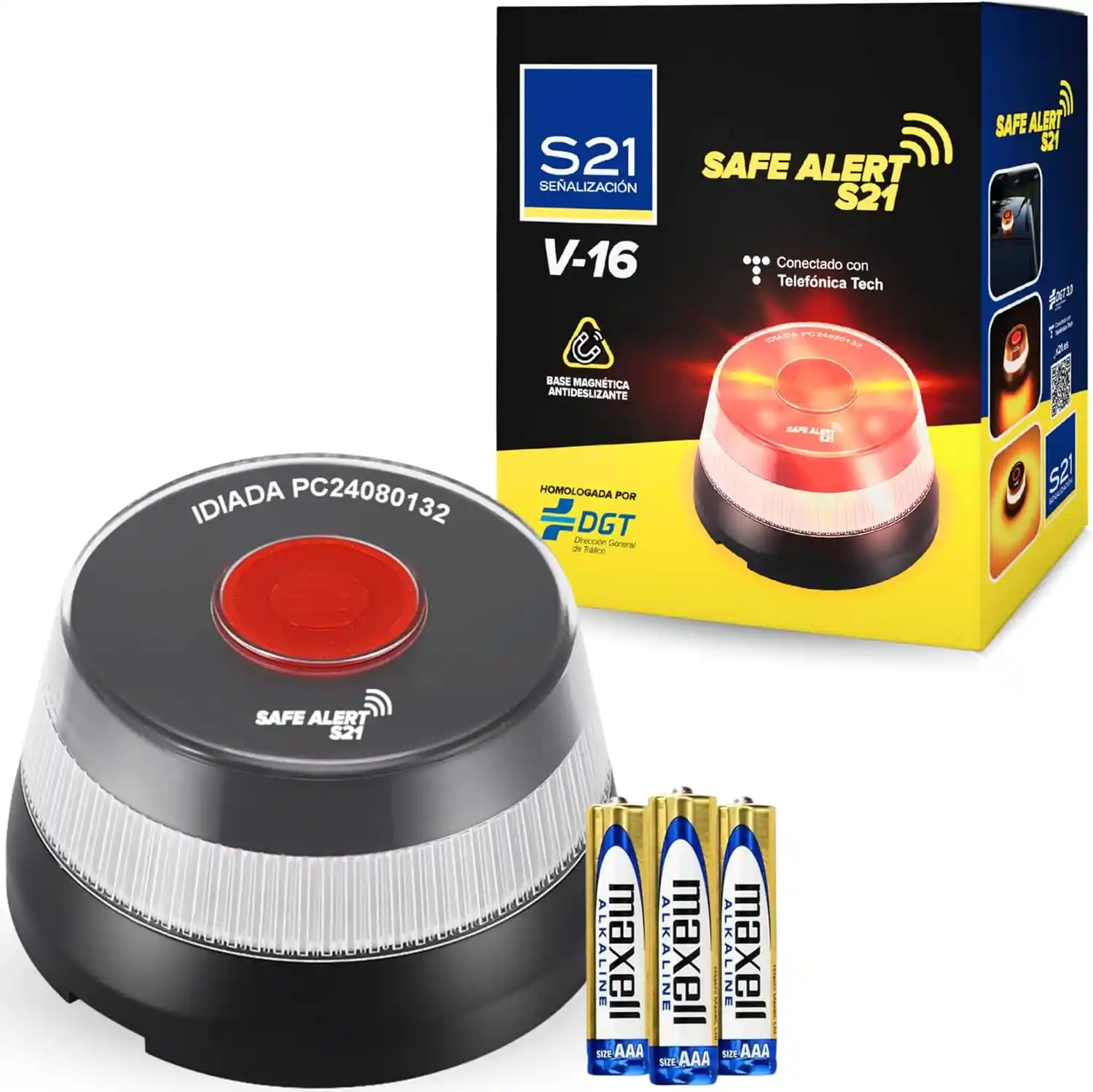 Luz de emergencia coche de la marca S21, baliza con base negra, y parte superior en blanco transparente y negro, con caja presentación y 3 pilas para su funcionamiento