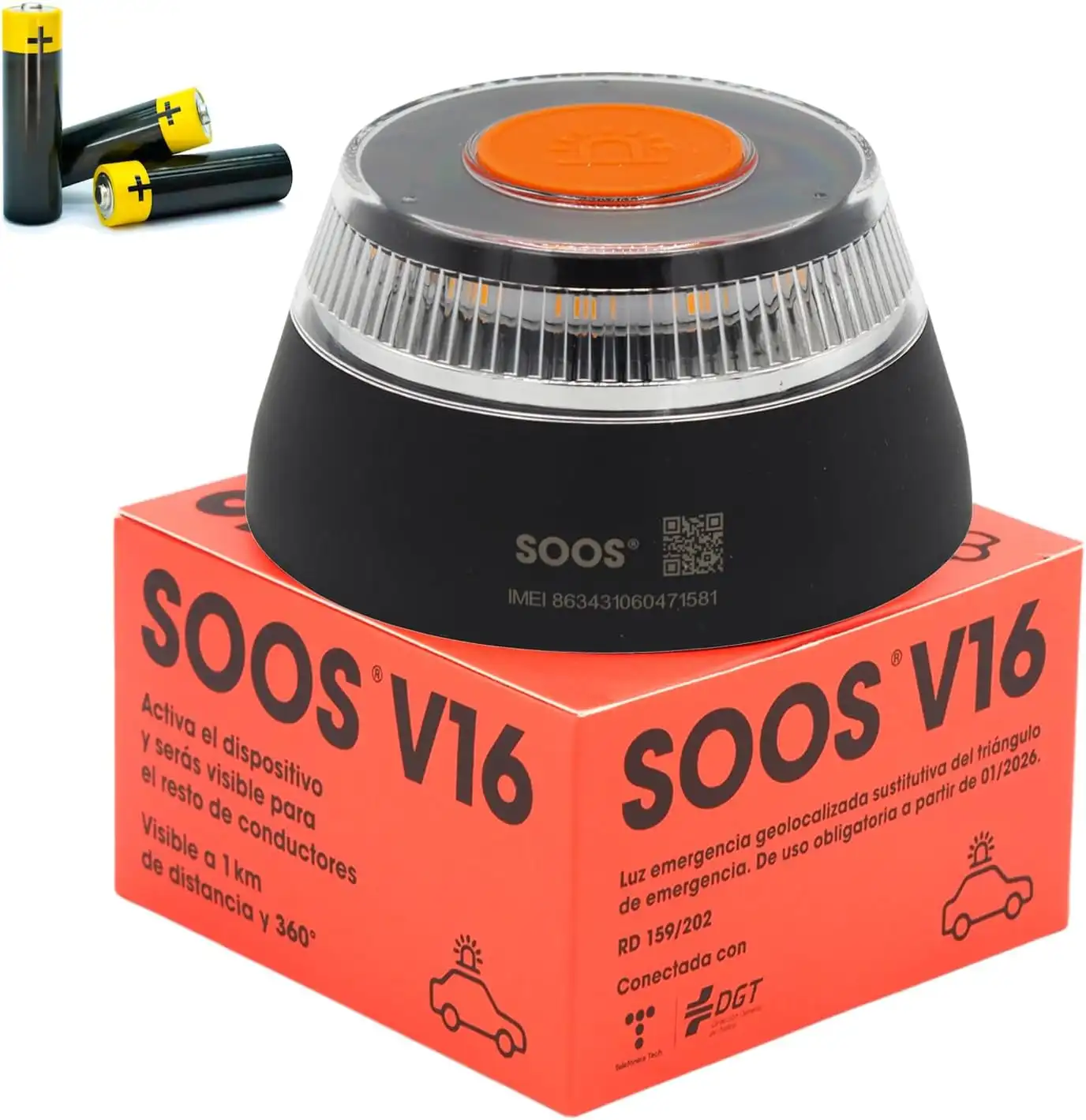 Luz de emergencia coche de la marca Soos, baliza con base negra y parte superior en blanco transparente, acompañada de su caja presentación de color naranja y 3 pilas para su funcionamiento
